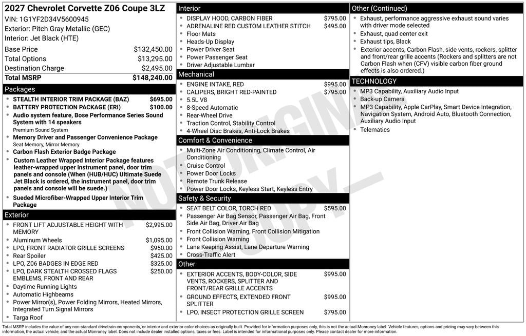 New 2027 Chevrolet Corvette Z06 3LZ Coupe