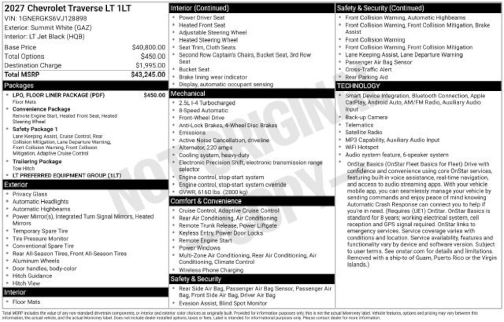 New 2027 Chevrolet Traverse LT SUV