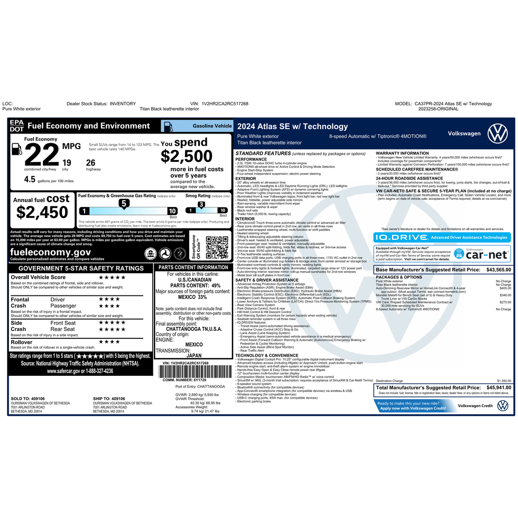 Certified 2024 Volkswagen Atlas 2.0T SE w/Technology SUV
