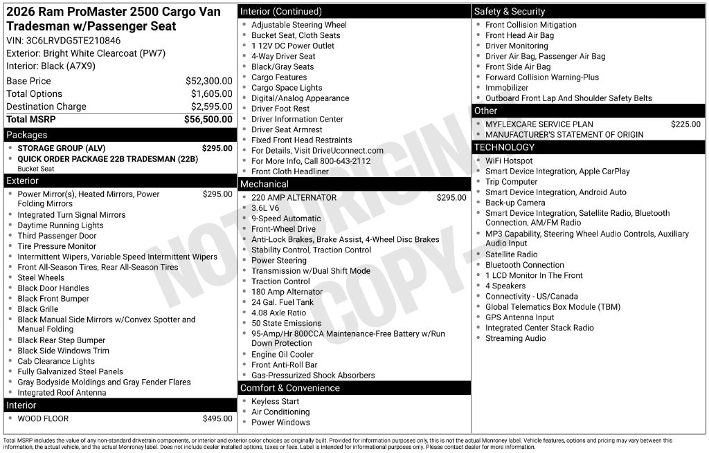 New 2026 Ram Promaster 2500 PROMASTER 2500 TRADESMAN CARGO VAN HIGH ROOF 159' Cargo Van