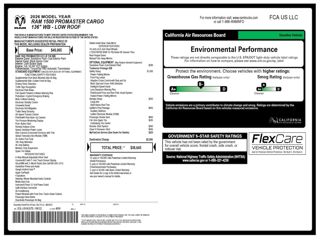 New 2026 Ram ProMaster 1500 Low Roof Cargo Van