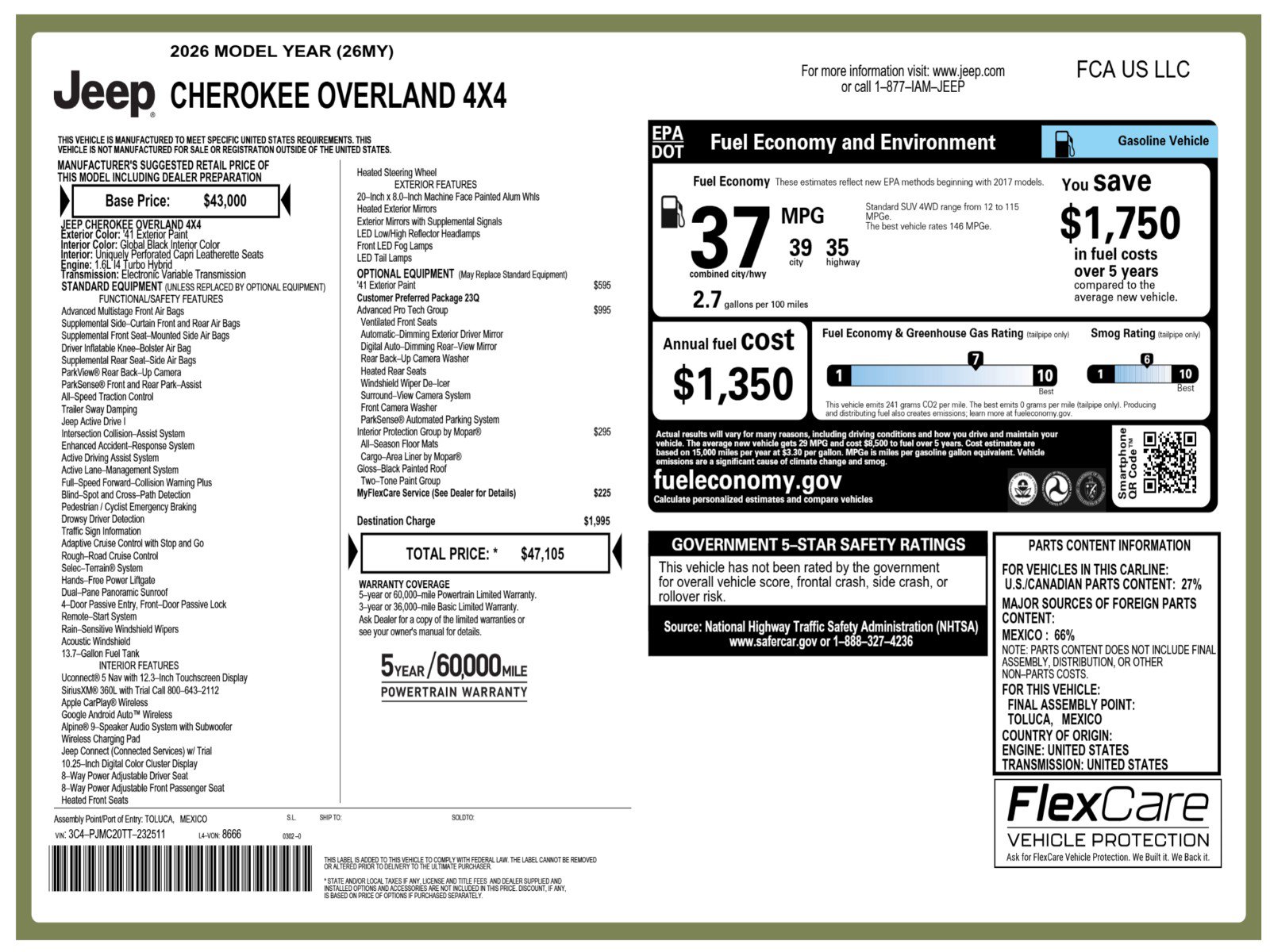 New 2026 Jeep Cherokee Overland Sport Utility