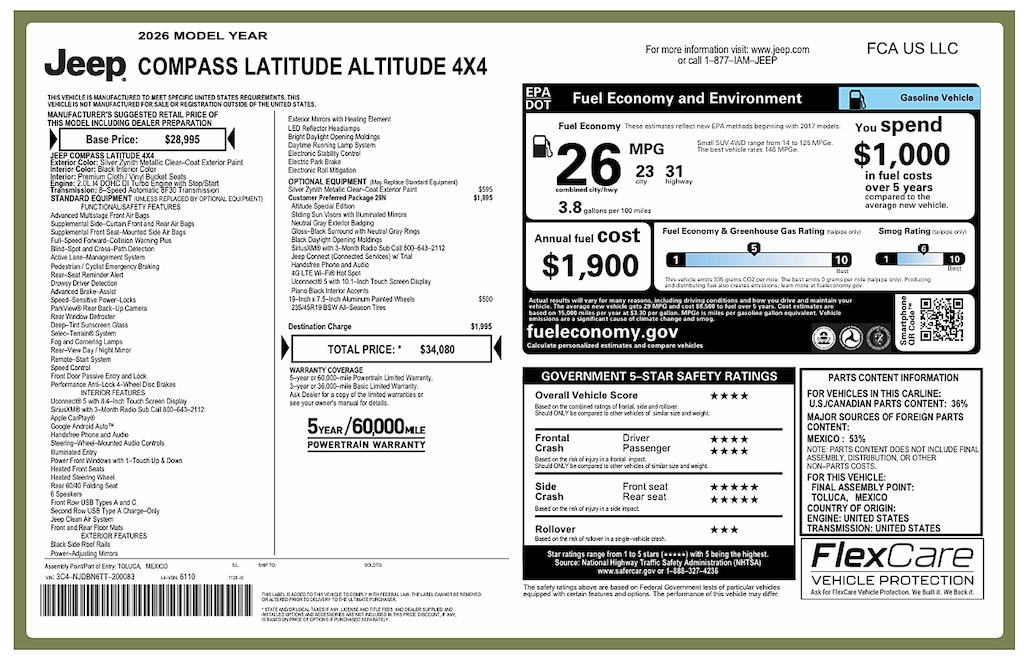 New 2026 Jeep Compass Latitude Altitude Sport Utility