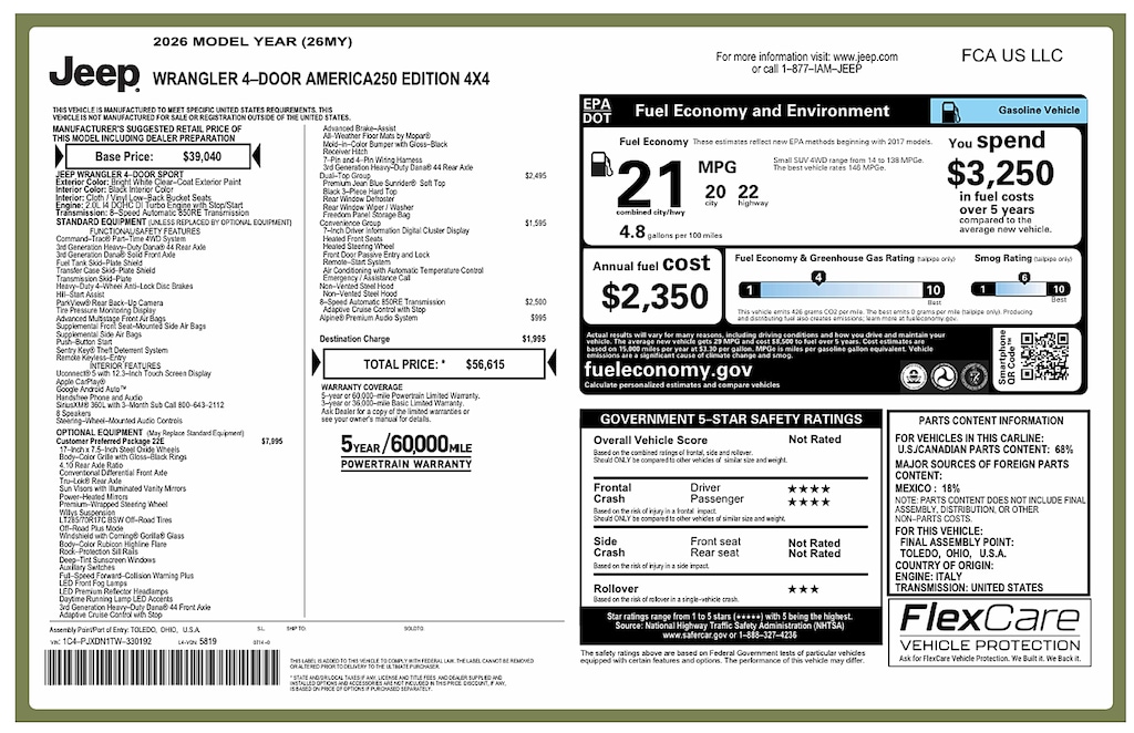 New 2026 Jeep Wrangler 4-Door AMERICA250 Edition Sport Utility