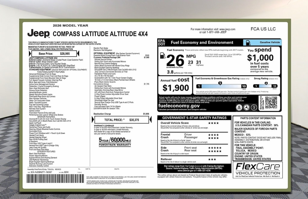 New 2026 Jeep Compass Latitude Altitude Sport Utility