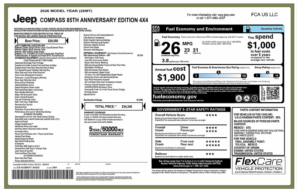 New 2026 Jeep Compass 85th Anniversary Edition 4x4 Sport Utility