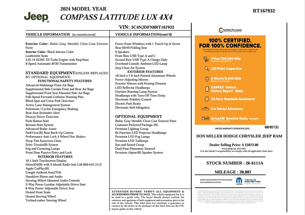 Certified 2024 Jeep Compass Latitude Lux FWD