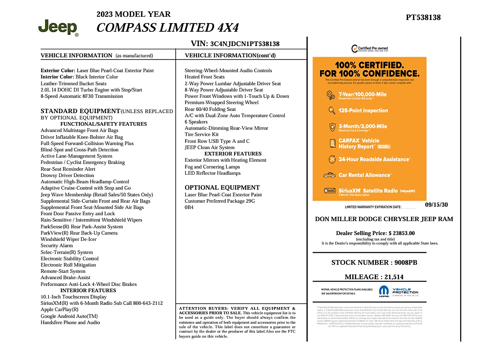 Certified 2023 Jeep Compass Limited 4x4