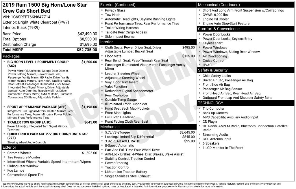 Used 2019 Ram 1500 Big Horn/Lone Star Crew Cab 4x4 57 Box Truck