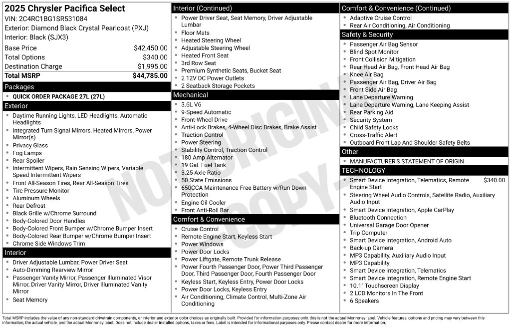 Certified 2025 Chrysler Pacifica Select Van Passenger Van