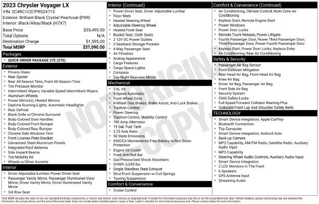Certified 2023 Chrysler Voyager LX Van Passenger Van