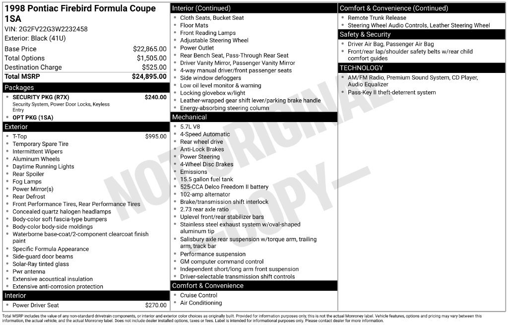 Used 1998 Pontiac Trans Am Formula Coupe