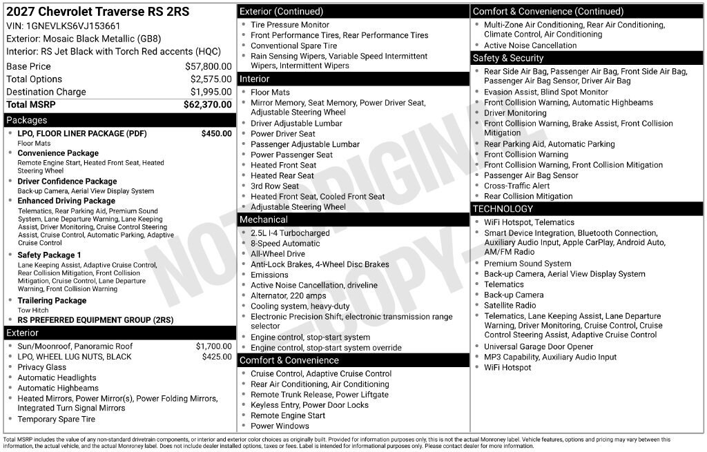 New 2027 Chevrolet Traverse RS SUV