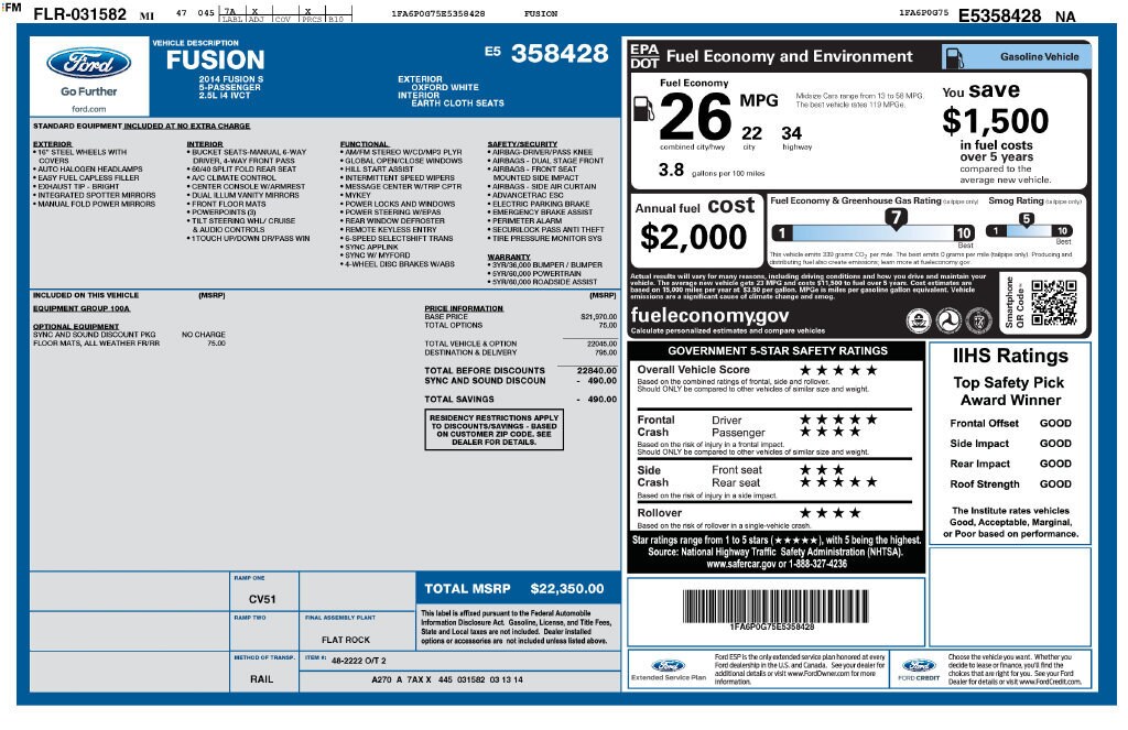 Used 2014 Ford Fusion S Sedan