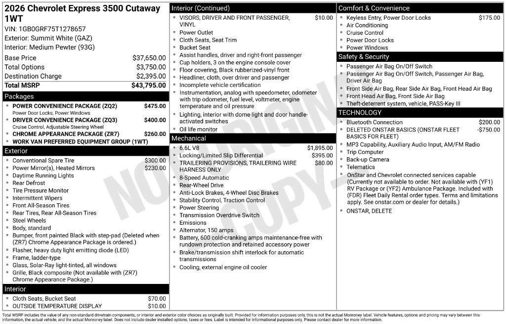 New 2026 Chevrolet Express Cutaway 3500 1WT Cutaway Van