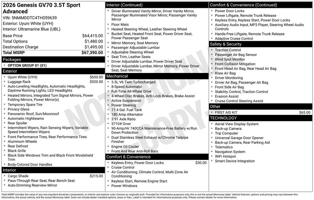 New 2026 Genesis GV70 3.5T Sport Advanced SUV