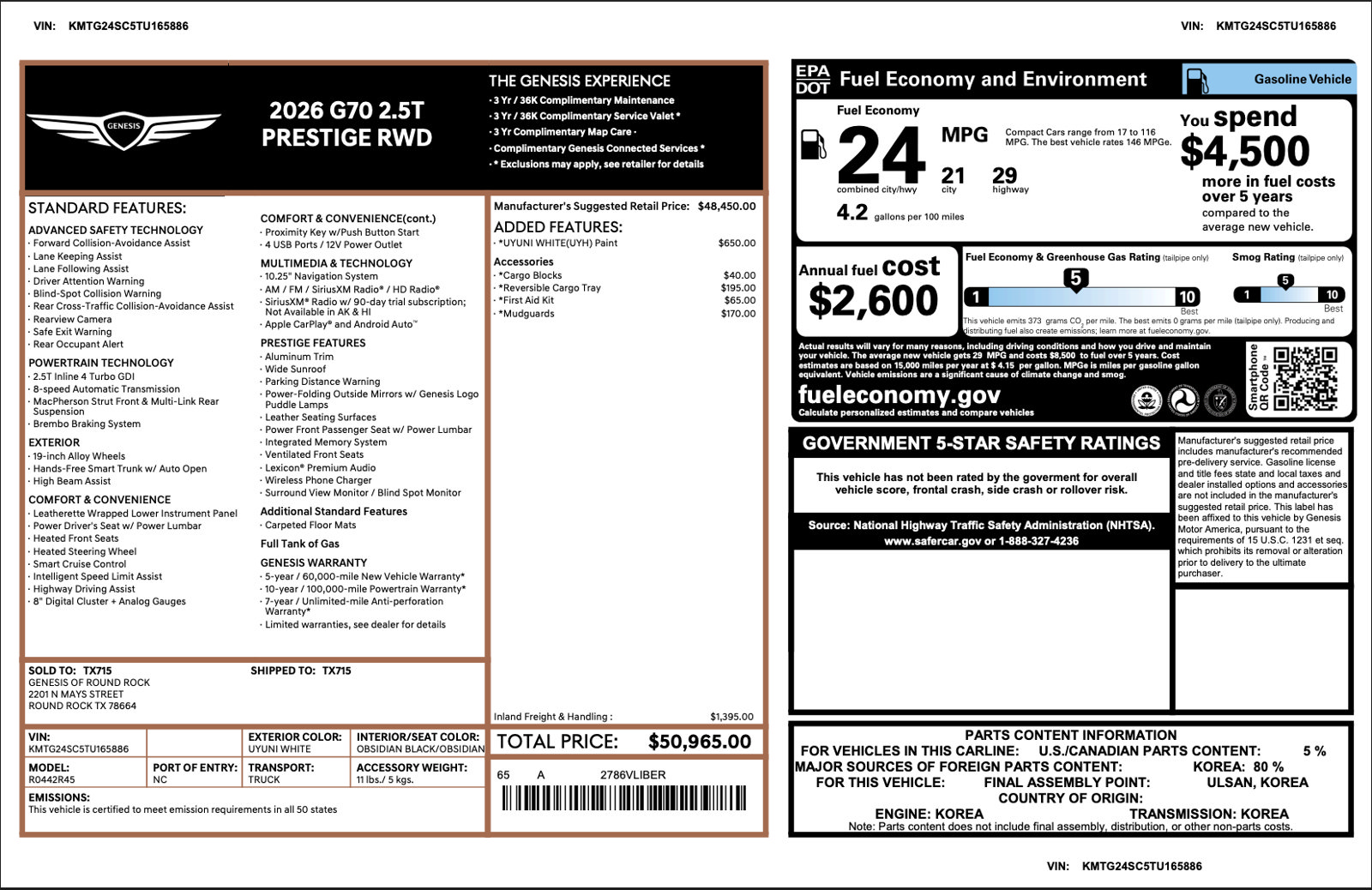 Certified 2026 Genesis G70 2.5T Prestige 2.5T Prestige RWD