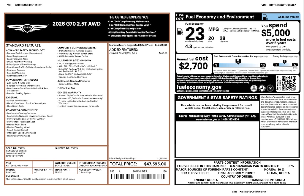 Certified 2026 Genesis G70 2.5T 2.5T AWD