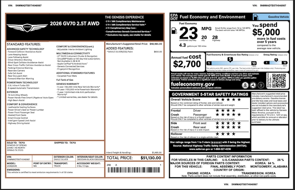Certified 2026 Genesis GV70 2.5T 2.5T AWD