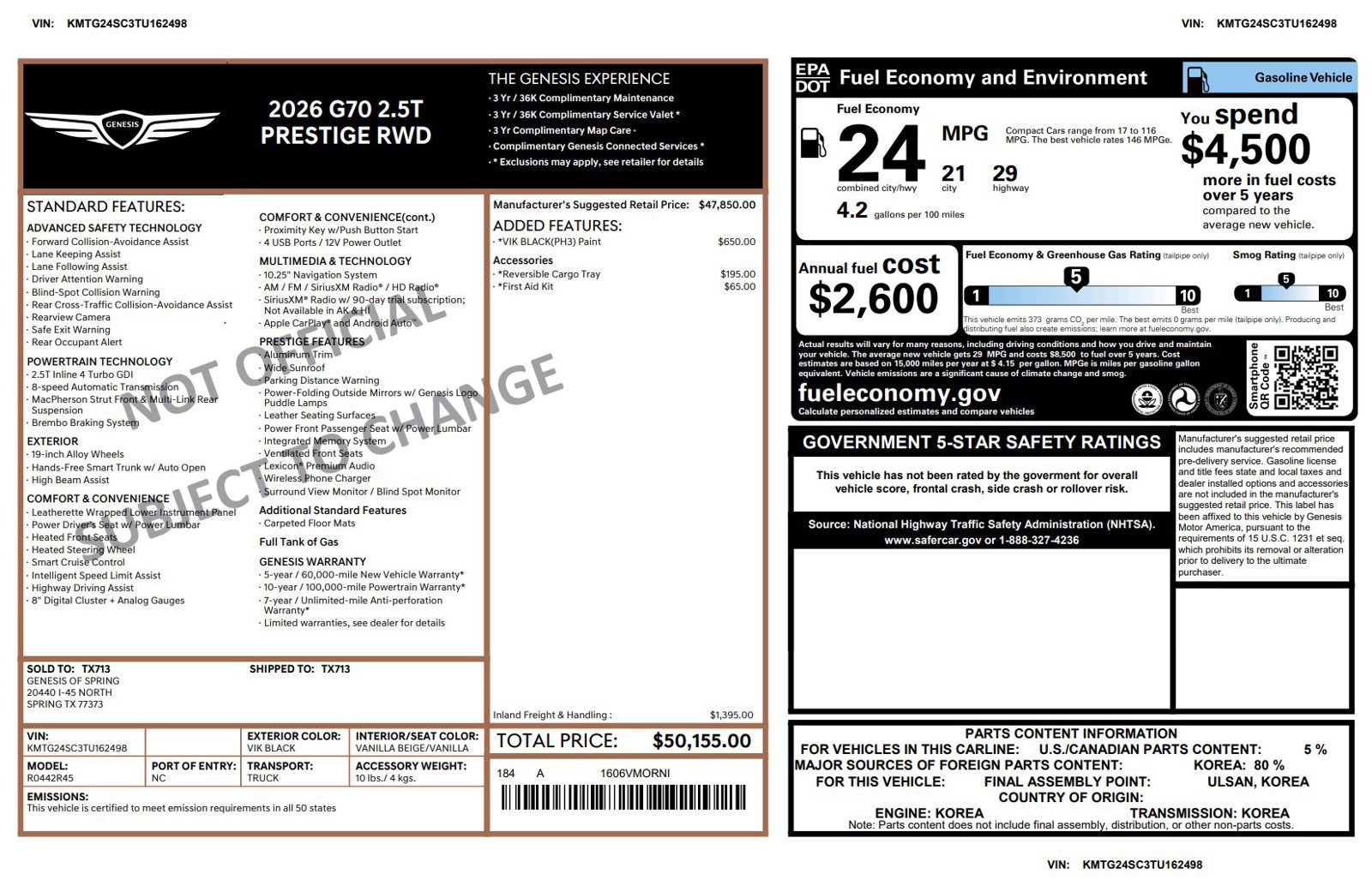 Certified 2026 Genesis G70 2.5T Prestige 2.5T Prestige RWD