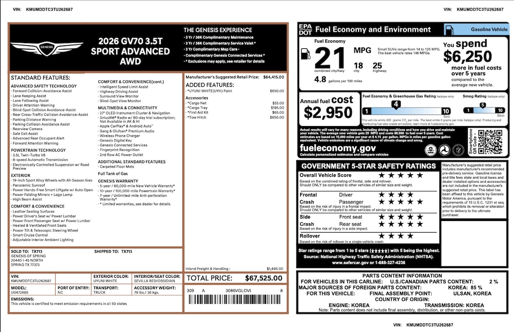 Certified 2026 Genesis GV70 3.5T Sport Advanced 3.5T Sport Advanced AWD