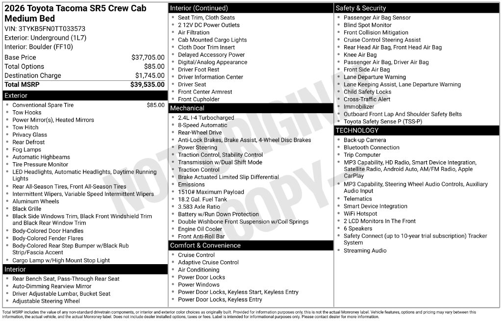 Certified 2026 Toyota Tacoma SR5 Truck