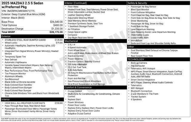 Certified 2025 Mazda Mazda3 2.5 S Preferred Package Sedan