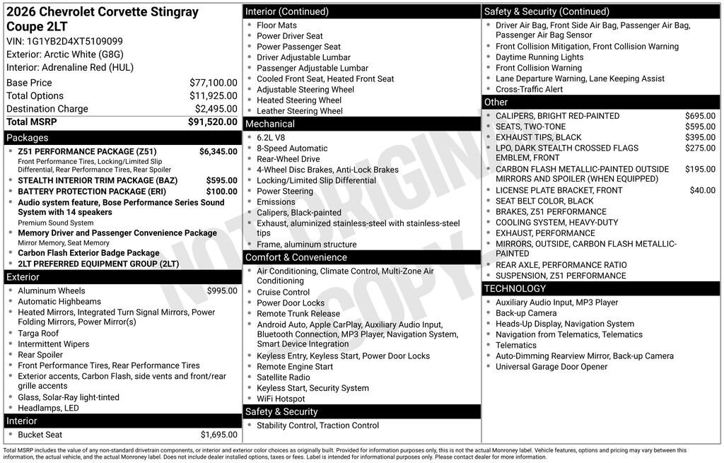 New 2026 Chevrolet Corvette Stingray 2LT Coupe