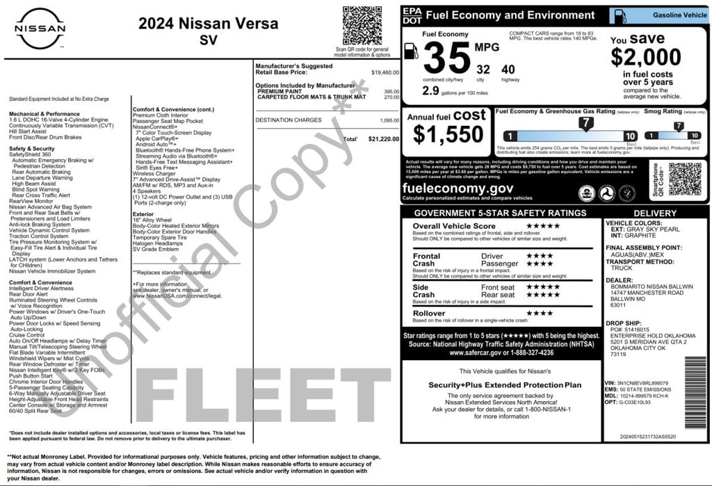 Certified 2024 Nissan Versa 1.6 SV Sedan