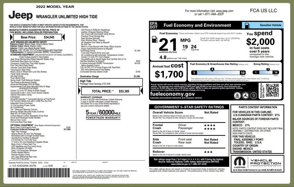Certified 2022 Jeep Wrangler Unlimited High Tide SUV