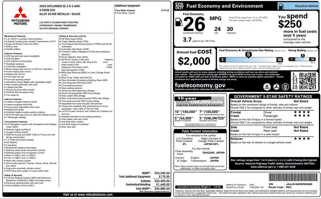 Certified 2024 Mitsubishi Outlander SE SUV