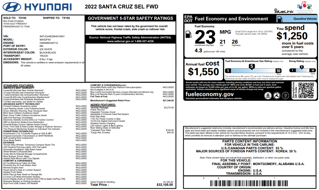 Used 2022 Hyundai Santa Cruz SEL Truck
