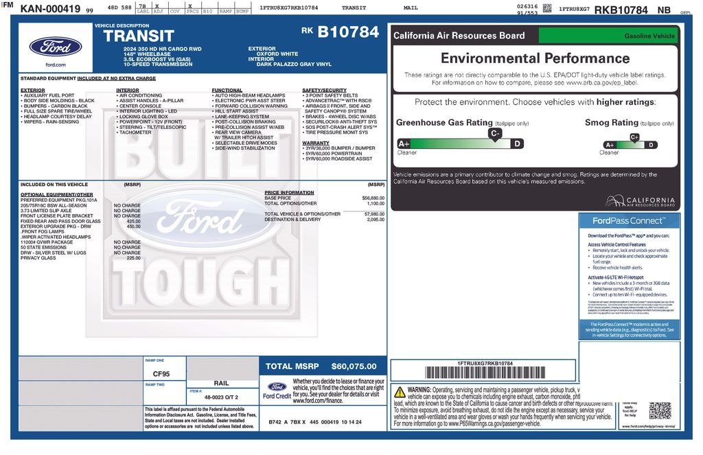 Used 2024 Ford Transit-350 Cargo Base w/11,000 lb. GVWR Van High Roof HD Ext. Van