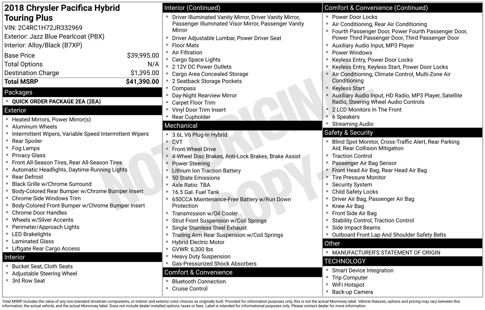 Used 2018 Chrysler Pacifica Hybrid Touring Plus Minivan/Van