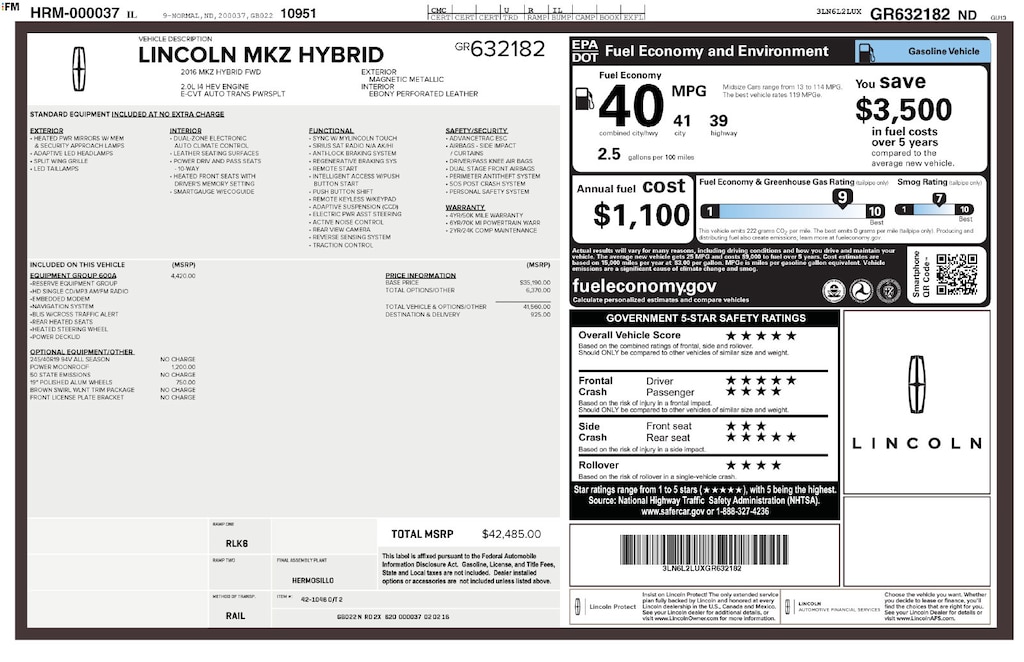 Used 2016 Lincoln MKZ Hybrid Base Sedan