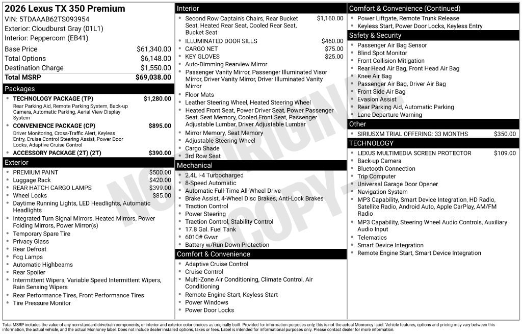 New 2026 Lexus TX 350 Premium TX 350 AWD