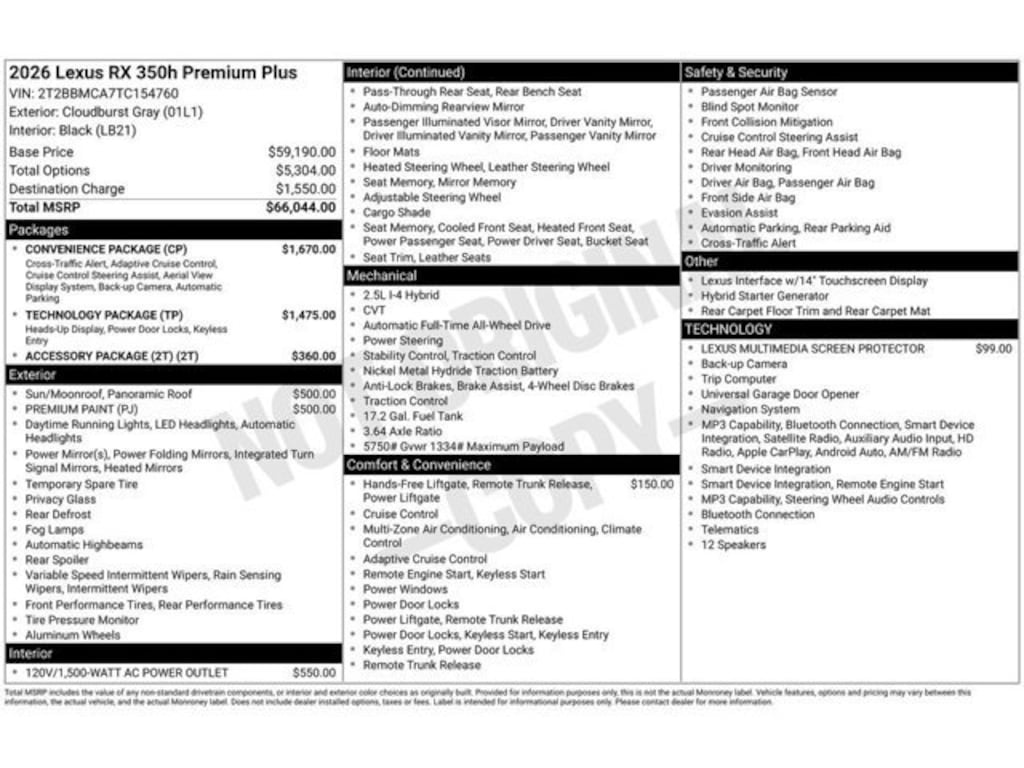 New 2026 Lexus RX 350h Premium+ RX350H PREM+ AWD