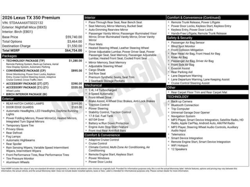 New 2026 Lexus TX 350 Premium TX 350