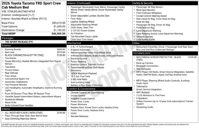 New 2026 Toyota Tacoma TRD Sport Truck Double Cab