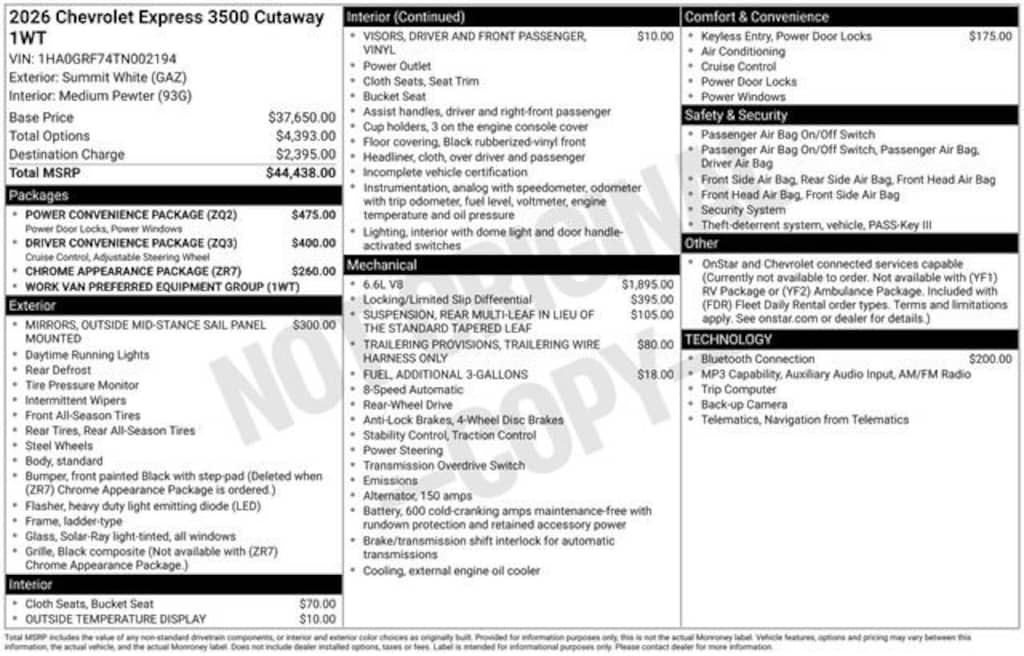 New 2026 Chevrolet Express Cutaway 3500 1WT Cutaway Van