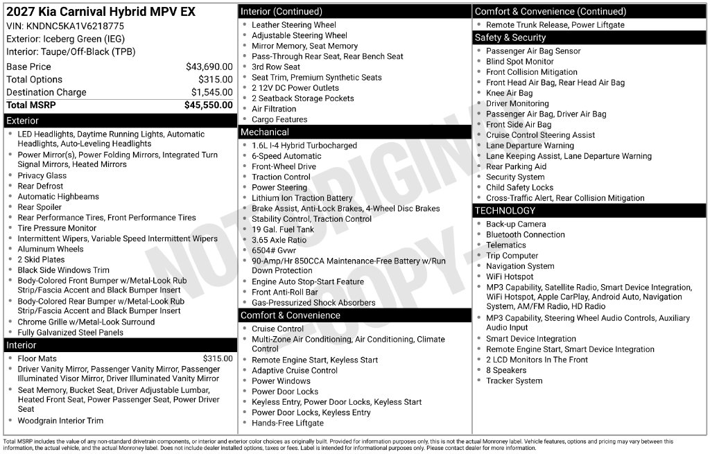 New 2027 Kia Carnival Hybrid EX Minivan/Van