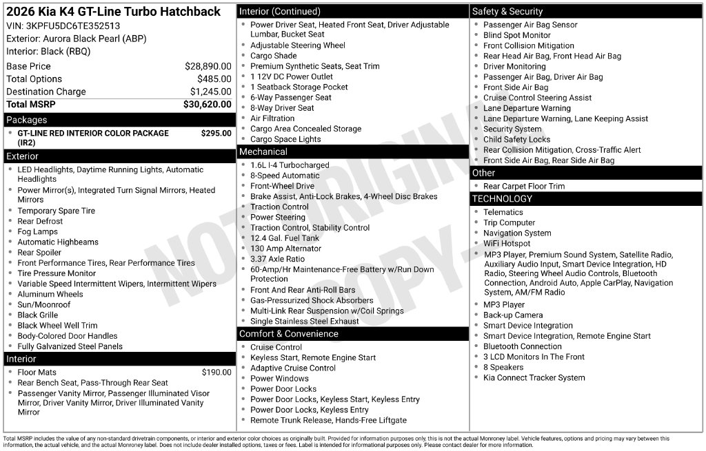 New 2026 Kia K4 GT-Line Turbo Hatchback