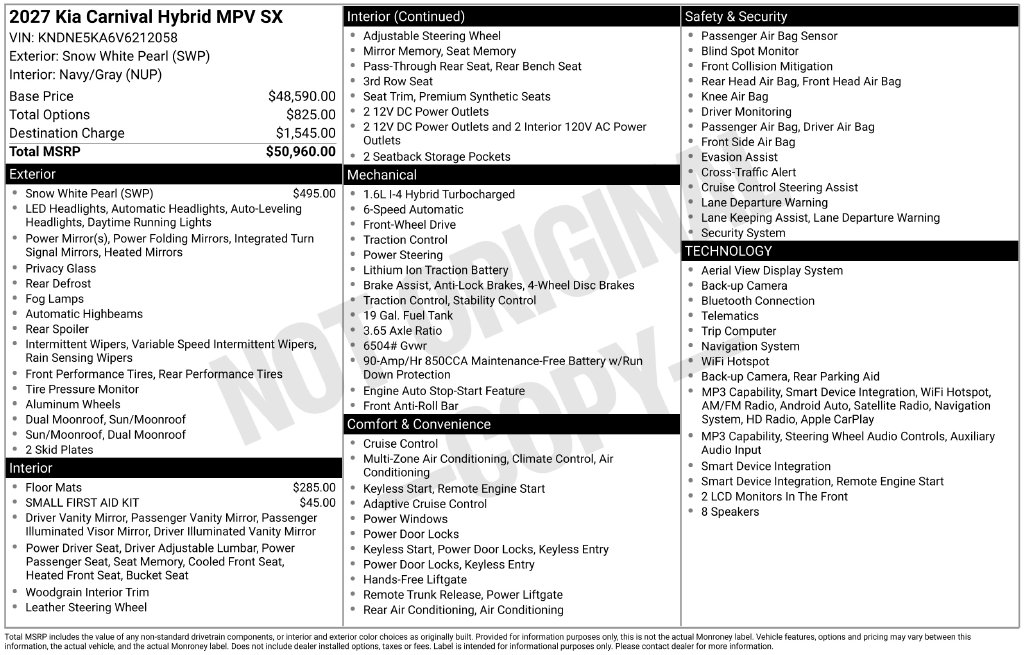 New 2027 Kia Carnival Hybrid SX Minivan/Van