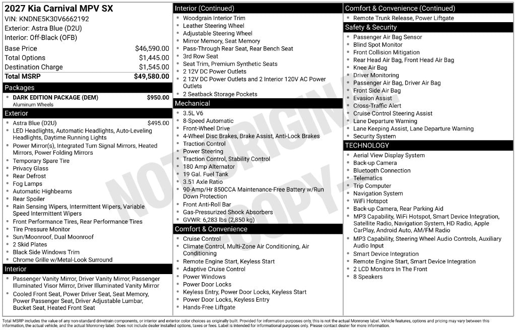 New 2027 Kia Carnival SX Minivan/Van