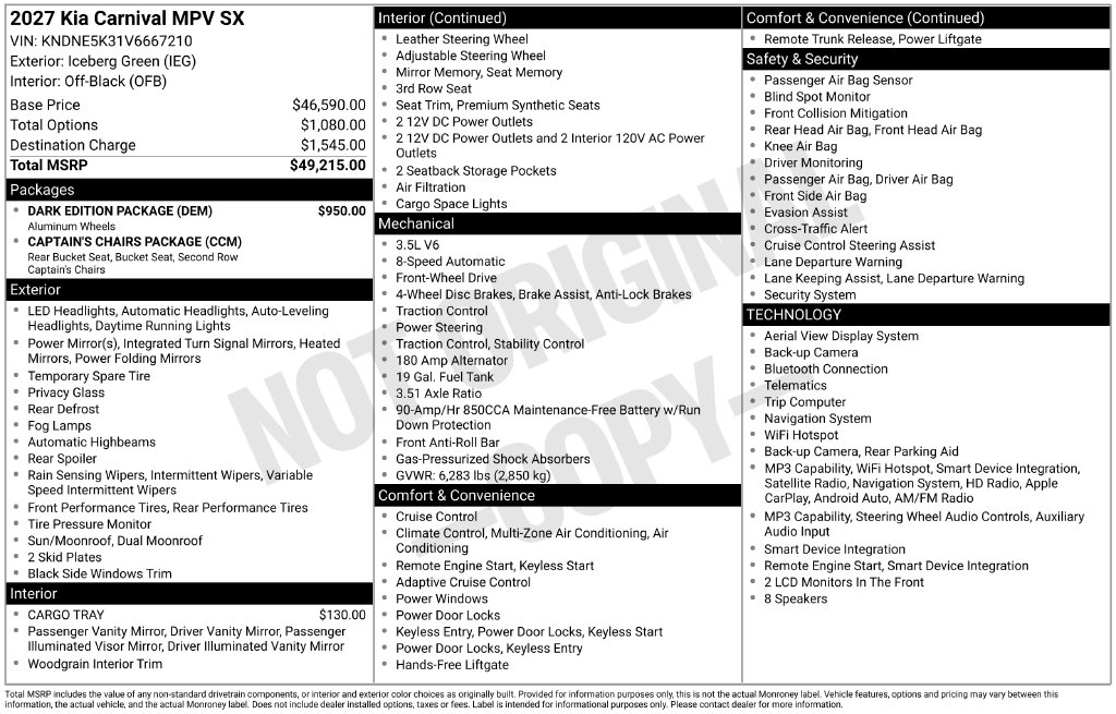 New 2027 Kia Carnival SX Minivan/Van