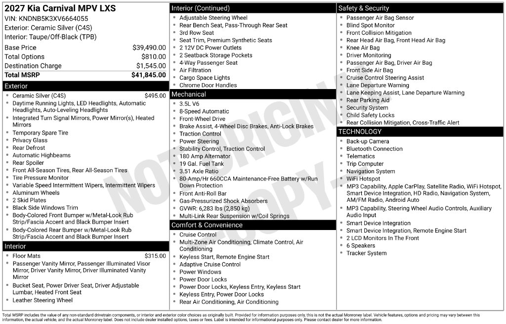 New 2027 Kia Carnival LXS Minivan/Van