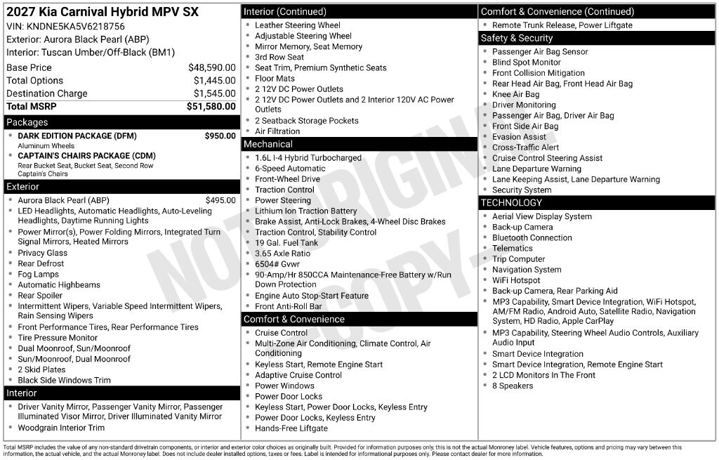 New 2027 Kia Carnival Hybrid SX Minivan/Van