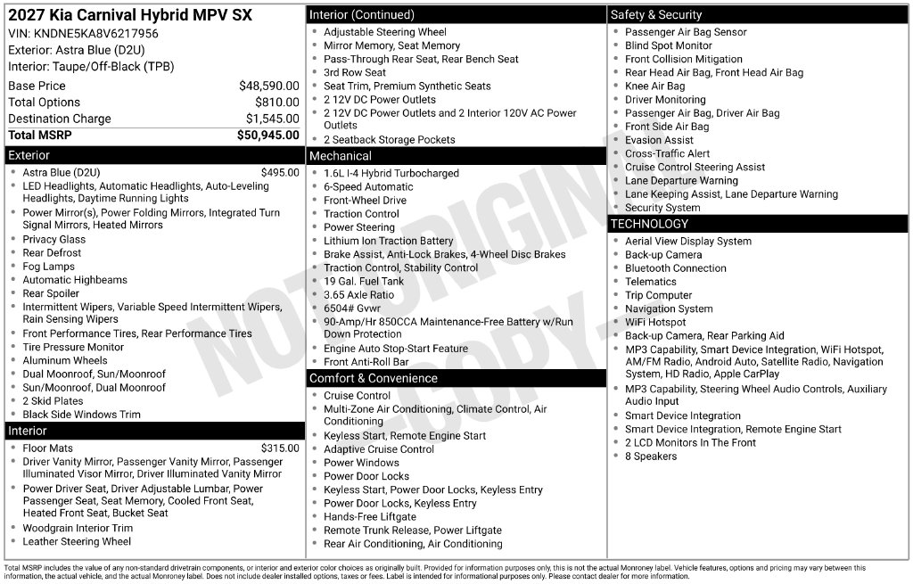 New 2027 Kia Carnival Hybrid SX Minivan/Van