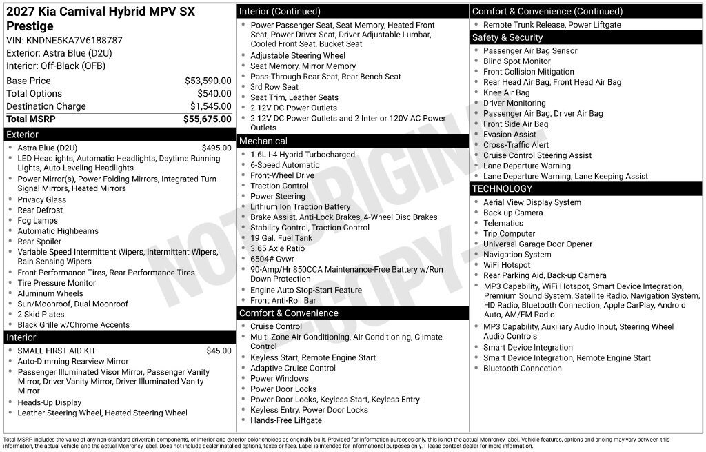 New 2027 Kia Carnival Hybrid SX Prestige Minivan/Van