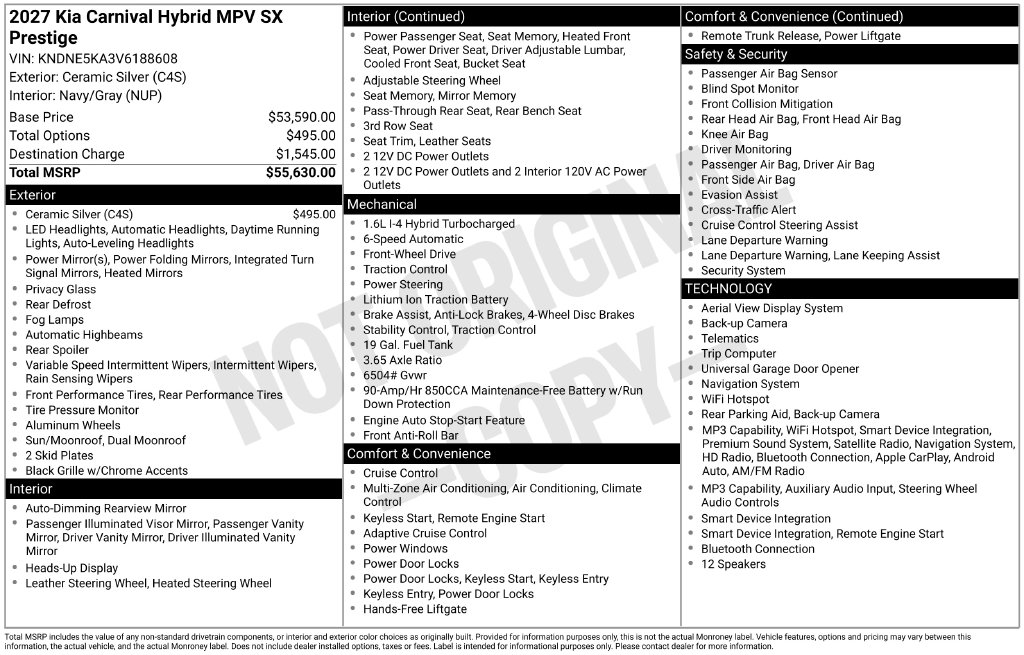 New 2027 Kia Carnival Hybrid SX Prestige Minivan/Van